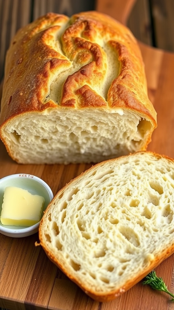 Low-Carb Keto Sourdough Bread Recipe A golden crusted loaf of sliced keto sourdough bread on a cutting board with butter.